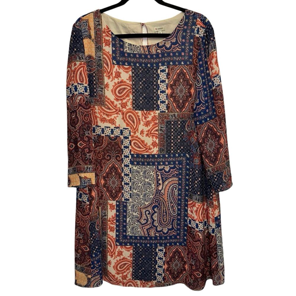 Cremieux Dress Size‎ 14 Patchwork Paisley Boho Shift Dress 3/4 Sleeve Multicolor